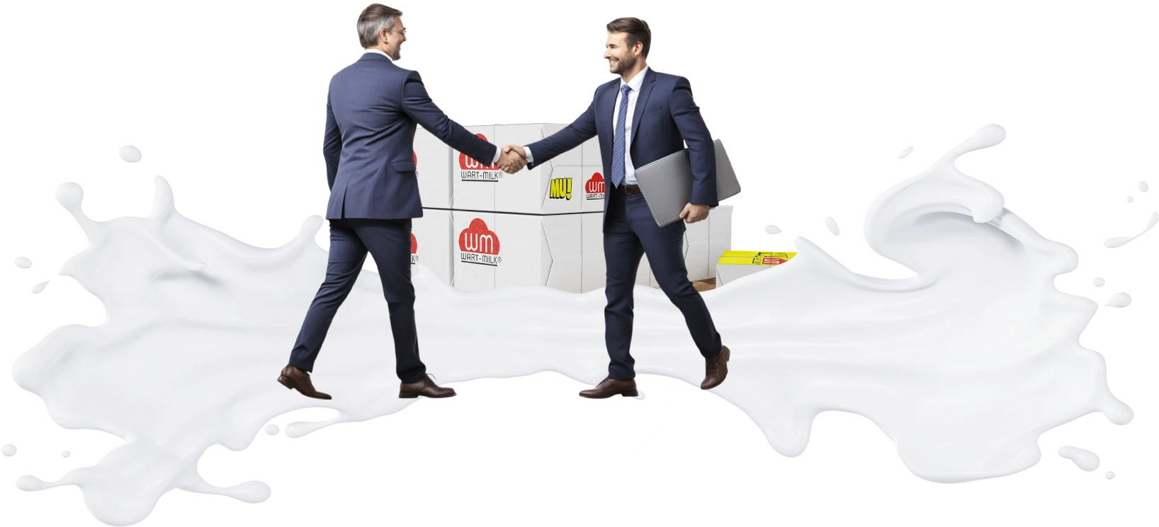 Dwóch mężczyzn na tle pudełek  Wart-milk. Wszytko to na splashu mleka.